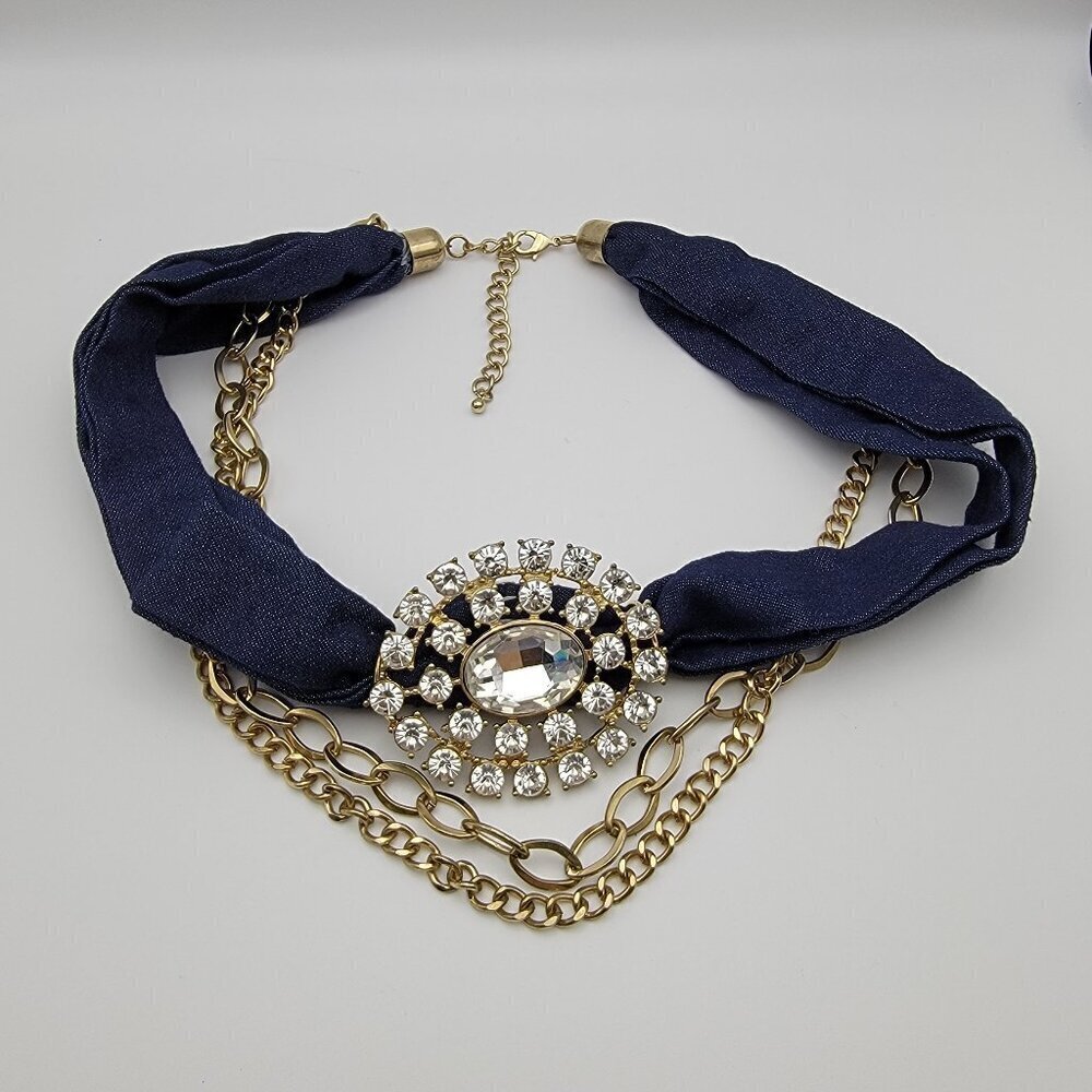 Gold Tone Clear Crystal Medallion Charm Navy Blue Fabric Statement Necklace 25"